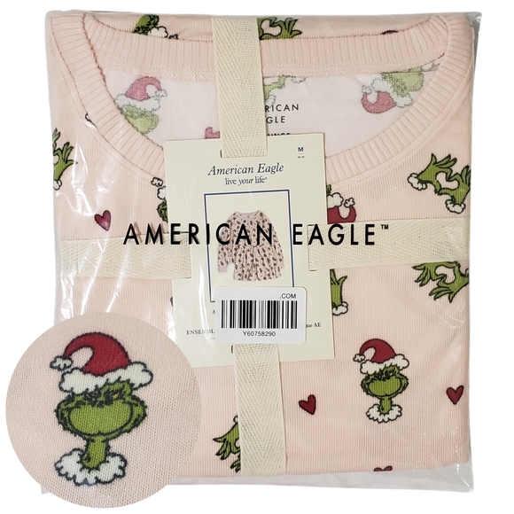 American Eagle Pajama Set Grinch Women Medium Pink Note Luxe Plush NWT 💕🎄 - Picture 1 of 4